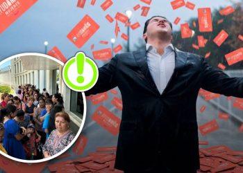 Man in a Dark Suit Stands with Arms Outstretched As Red Cards Fall Around Him; Inset Circle Shows a Crowded Line of People Waiting Outside a Building with a Green Alert Badge. - Regios Al Cuadrado