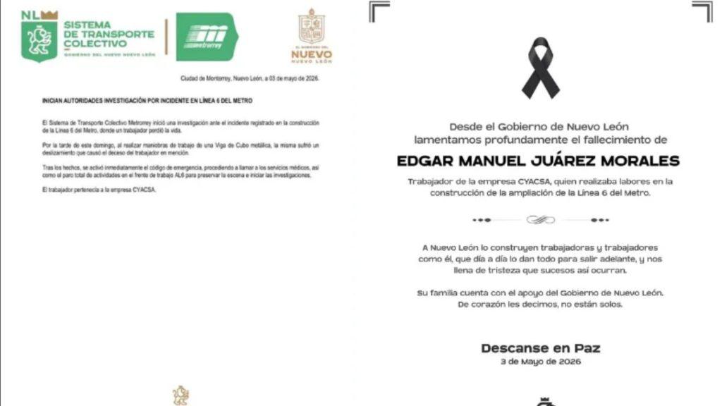 an Official Memorial Note Announcing the Death of Edgar Manuel Juárez Morales, with a Black Ribbon and Logos at the Top, Dated May 3, 2025 (nuevo León Transport Authorities). - Regios Al Cuadrado