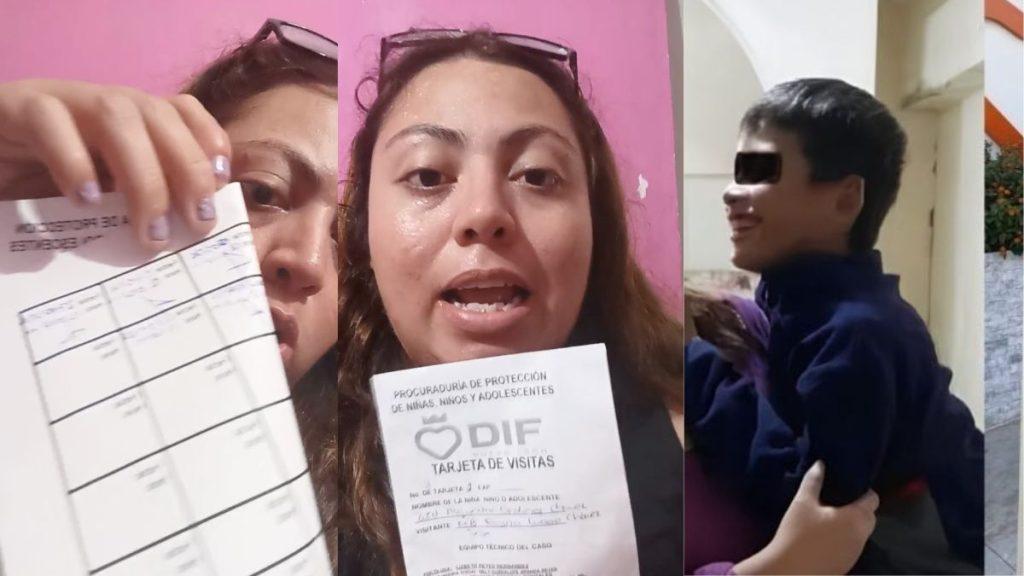 Three-panel Collage: Left Shows a Person Holding a Paper with a Grid/schedule Close to the Camera; Center Features a Woman Speaking and Holding a Document Labeled 'dif Tarjeta De Visitas'; Right Shows a Young Man in a Dark Jacket Wearing Sunglasses, Being Assisted by Someone Outdoors. - Regios Al Cuadrado