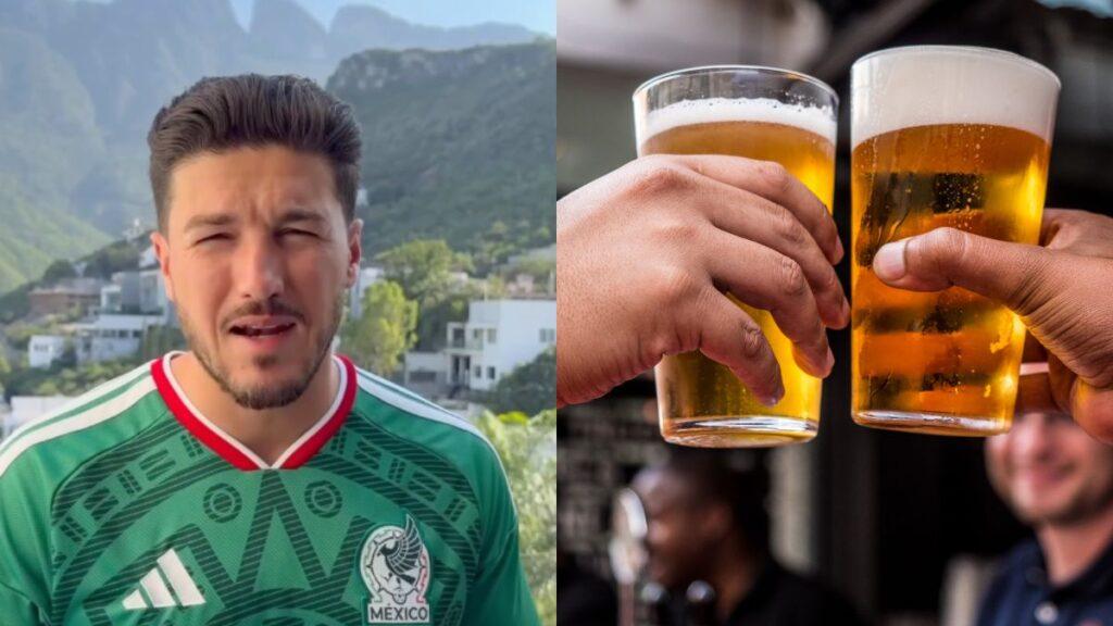La-irresponsabilidad-de-samuel-garcia-por-regalar-alcohol-a-menores - Regios Al Cuadrado Left: Man in a Green Mexico Soccer Jersey Outdoors with Mountains in the Background; Right: Hands Clinking Pint Glasses of Beer in a Bar. - Regios Al Cuadrado