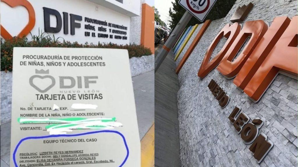 Two Angled Photos of Dif Nuevo León Offices: a Large Visit-card Sign on the Left and the Bold Orange 'dif Nuevo LeÓn' Lettering on a Stone Wall to the Right. - Regios Al Cuadrado