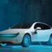 Electric White Electric Car Charging at a Futuristic Station with a Blue Glow on the Floor and Charger Cable Plugged in - Regios Al Cuadrado