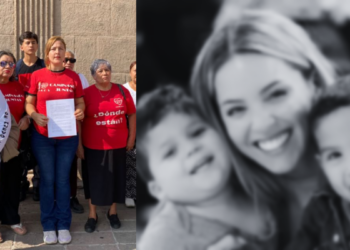 Group of People Outdoors, a Woman in a Red Shirt Holds a Paper While Others Stand Around; a Grayscale Close-up of a Smiling Woman with Children is on the Right. - Regios Al Cuadrado