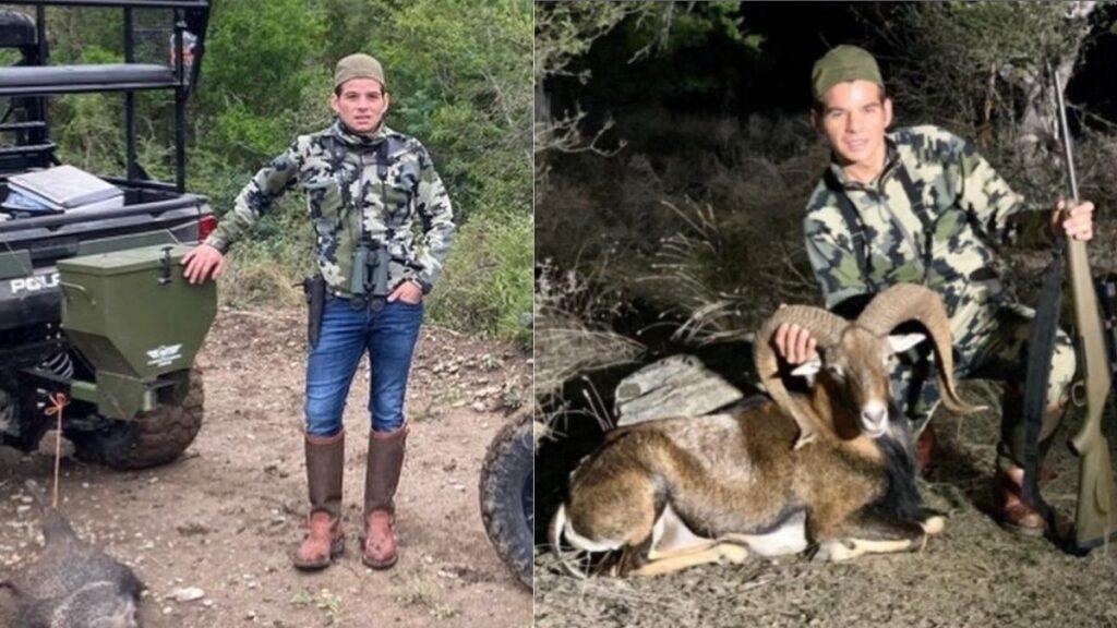 Two-panel Collage of a Hunter: Left Panel Shows a Man in Camouflage with Boots Beside a Pickup/trailer Gear on a Dirt Trail; Right Panel Shows the Same Hunter with a Rifle Beside a Dead Ram in a Wooded Area. - Regios Al Cuadrado